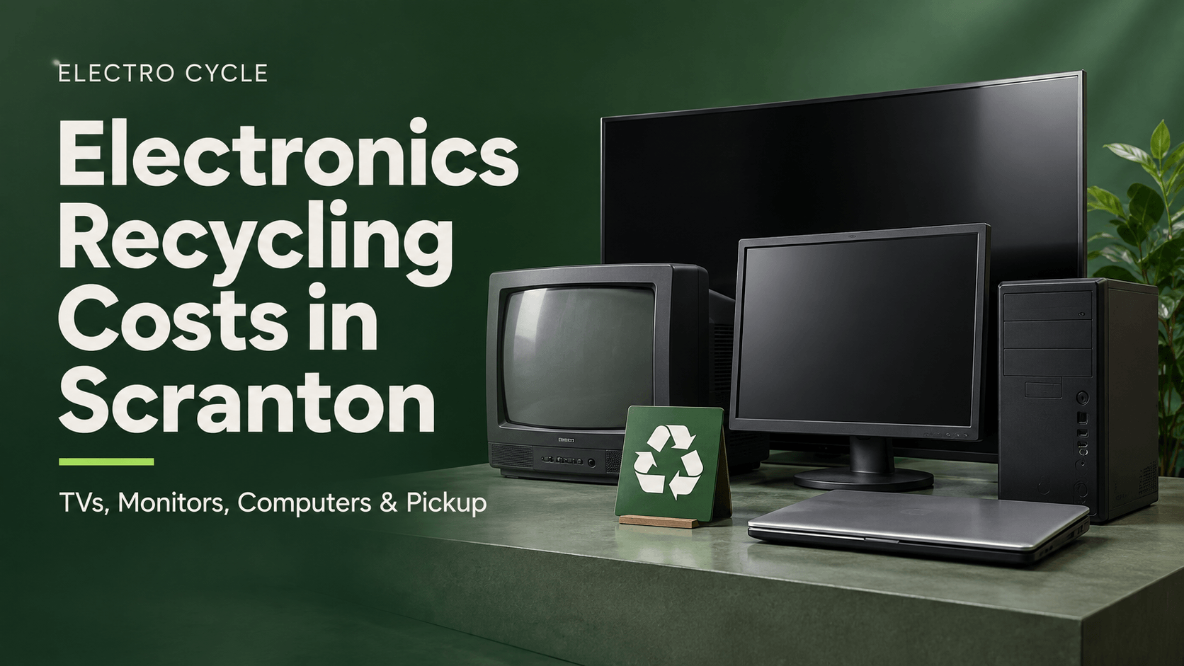 Old TVs, a monitor, desktop computer and laptop beside a recycling symbol, with text about electronics recycling costs in Scranton.